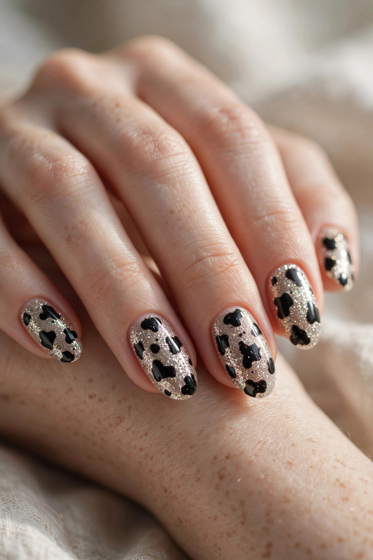 Glitter base nails with black cow print spots