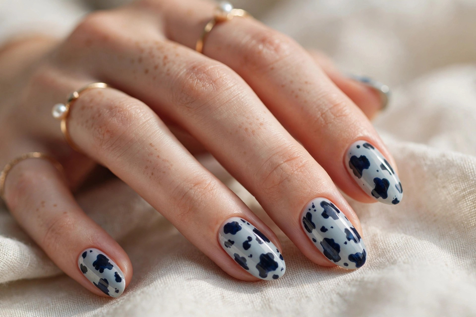Pale blue-gray nails with midnight navy cow print spots