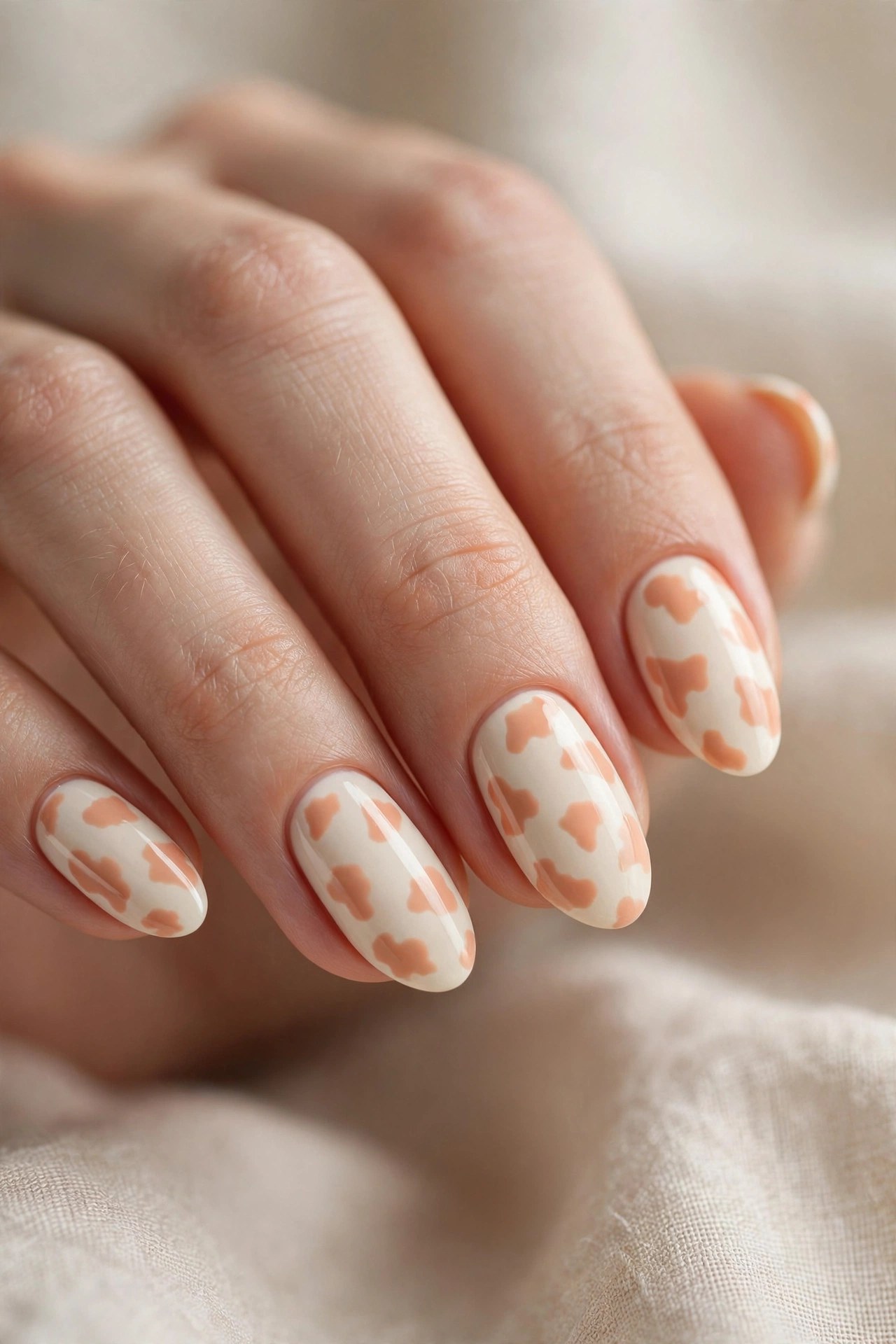 Cream nails with peach cow print spots
