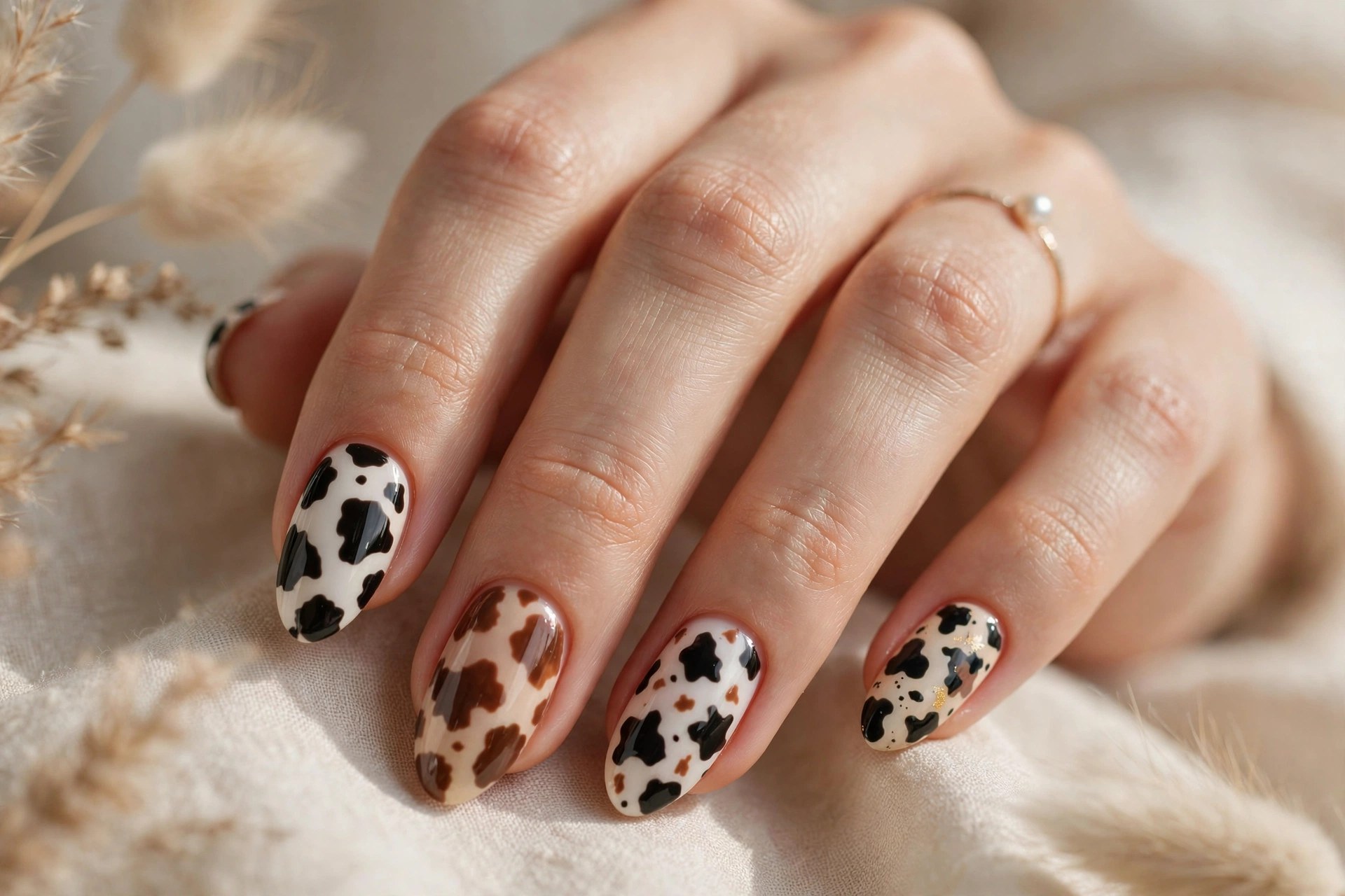 Mix-and-match cow print nail designs across all nails