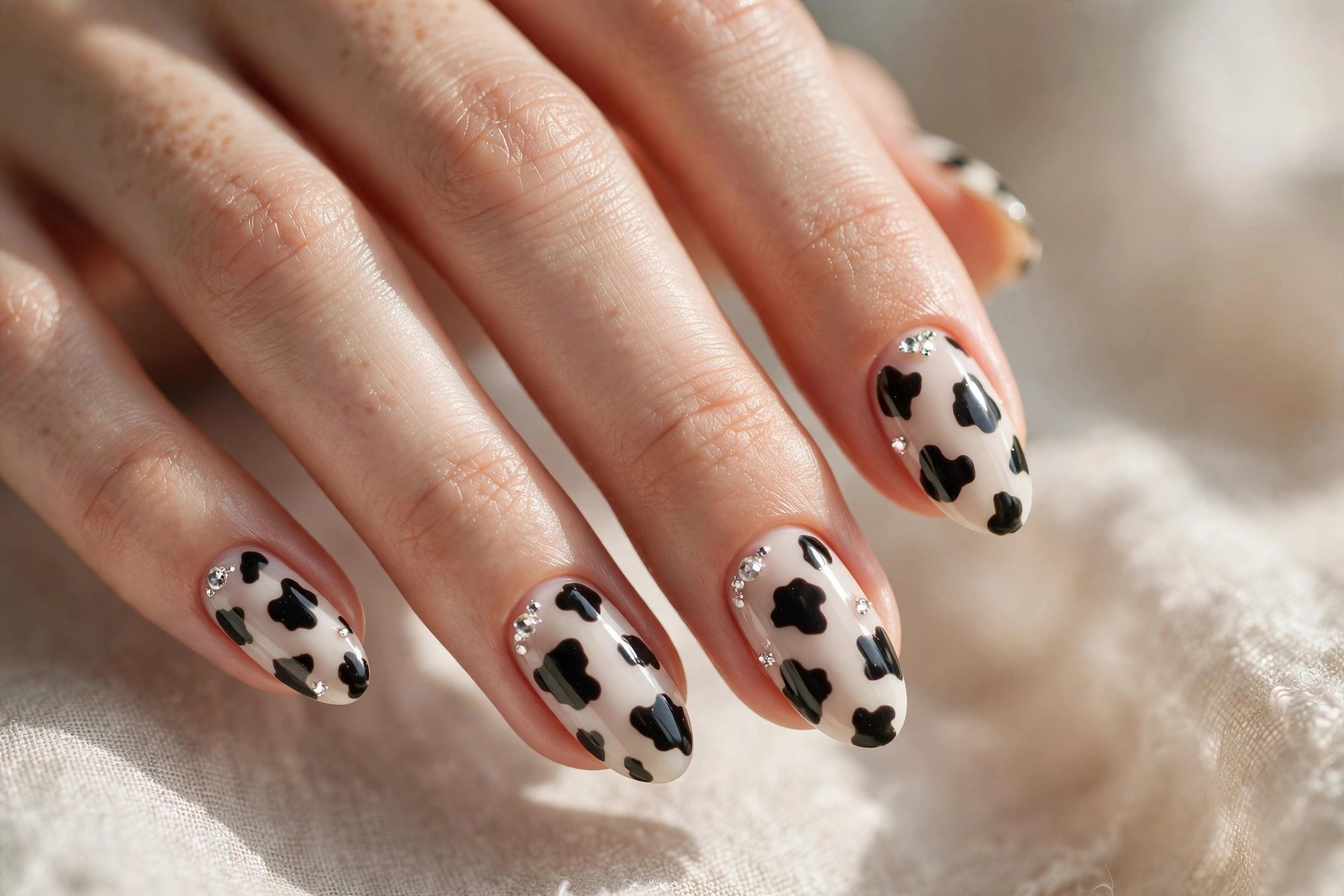 Cow print nails with tiny crystal stud accents