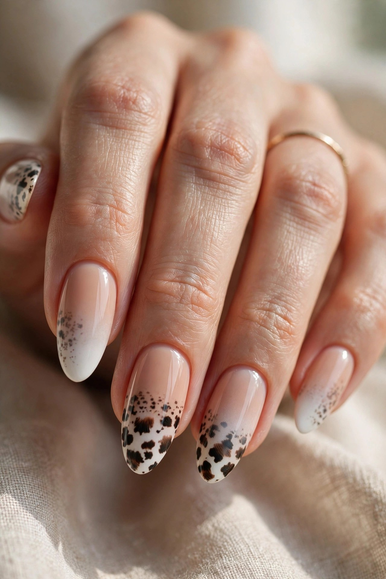 Ombre nails with fading cow print spots