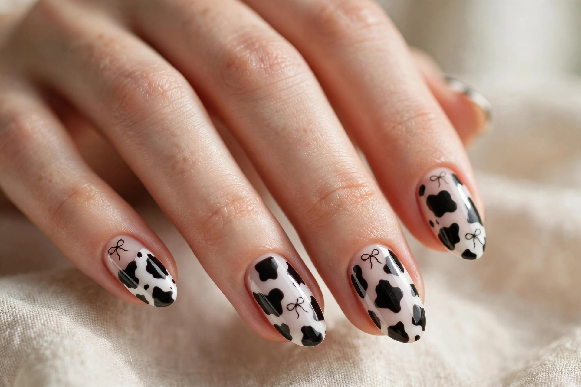 Cow print nails with tiny hand-painted bow details