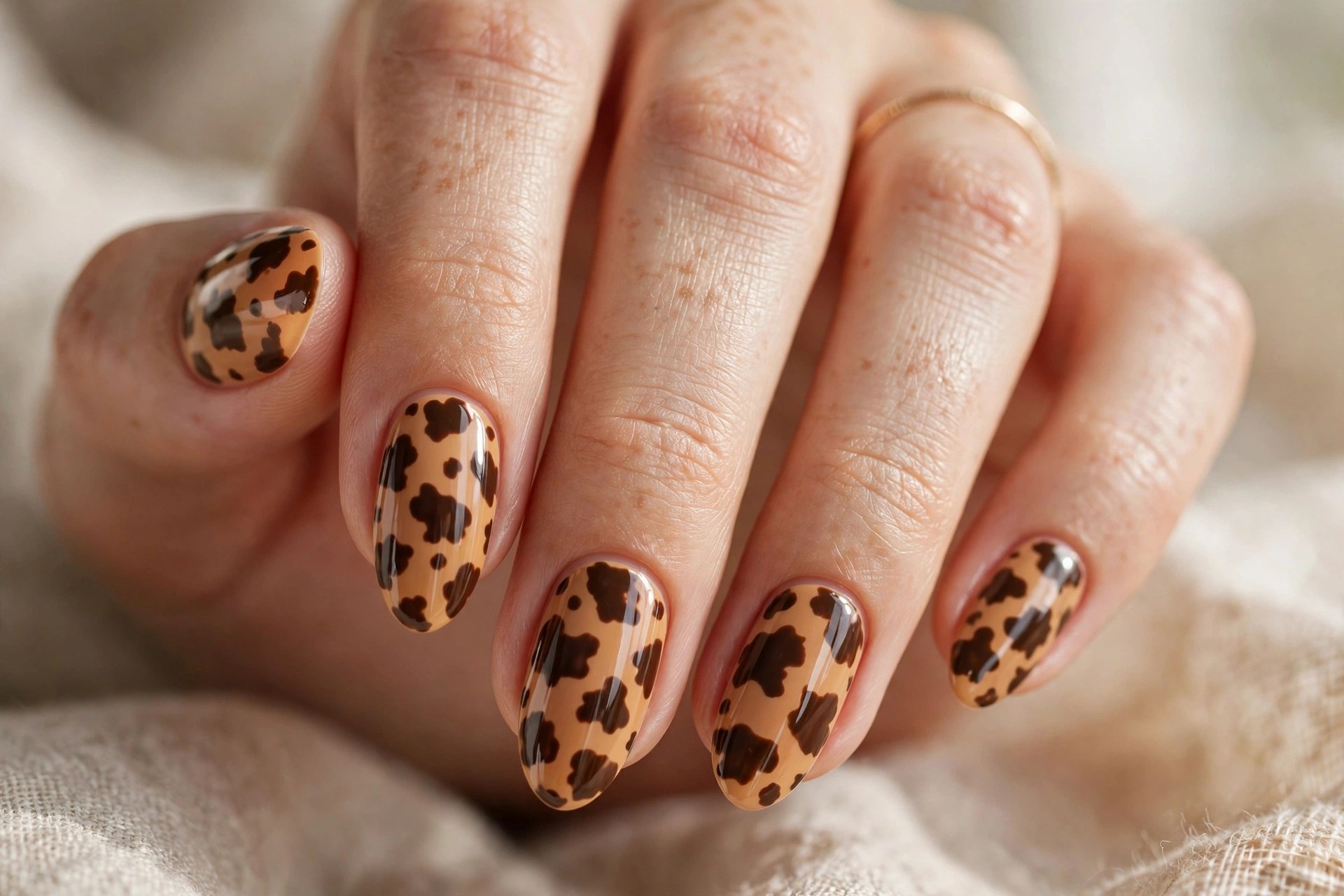 Caramel nails with espresso brown cow print spots