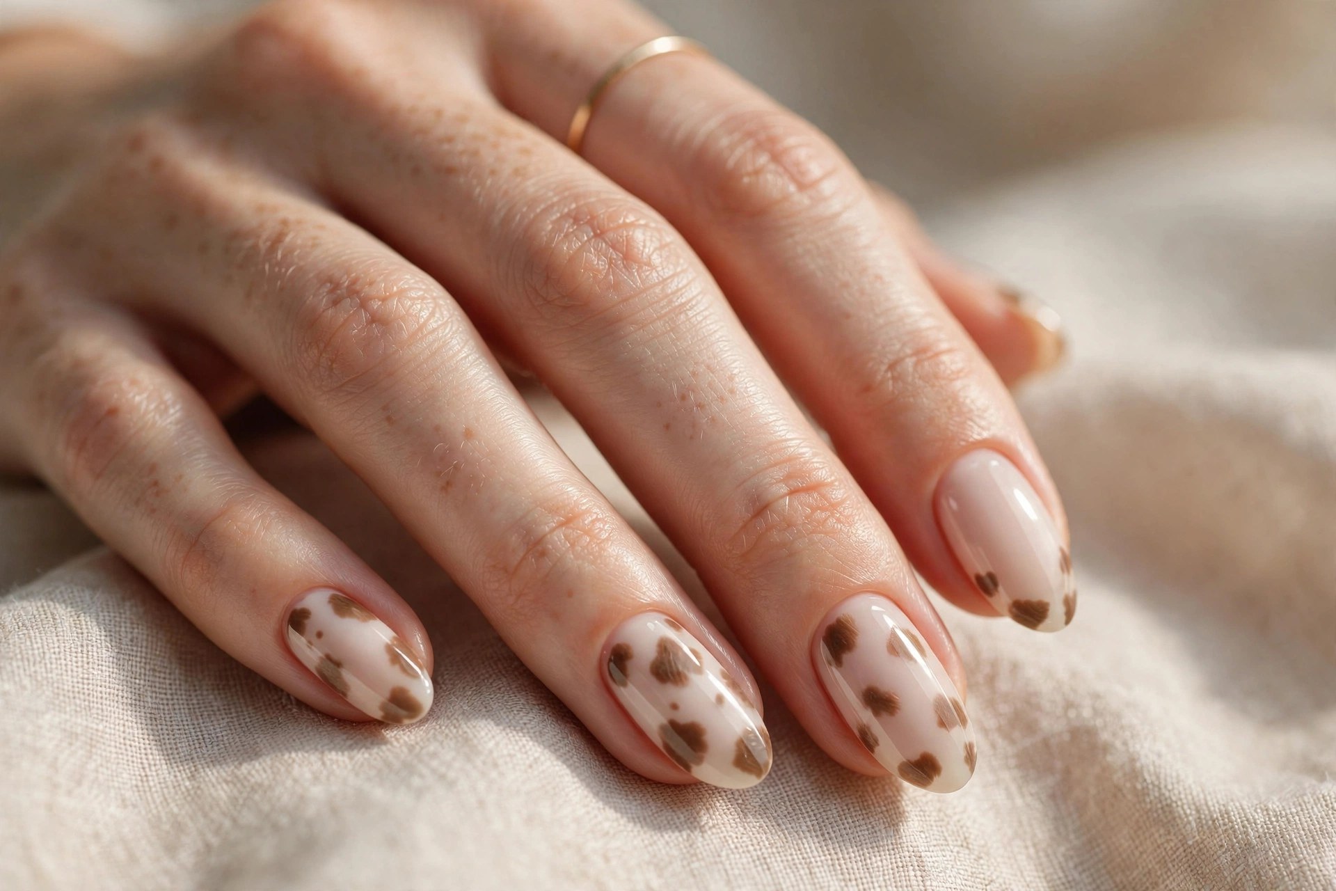 Milky nude nails with soft teddy brown cow spots