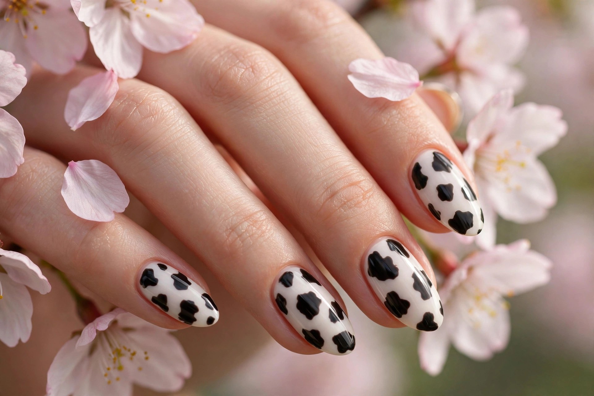 Pink nails with cow spots and cherry blossom accents