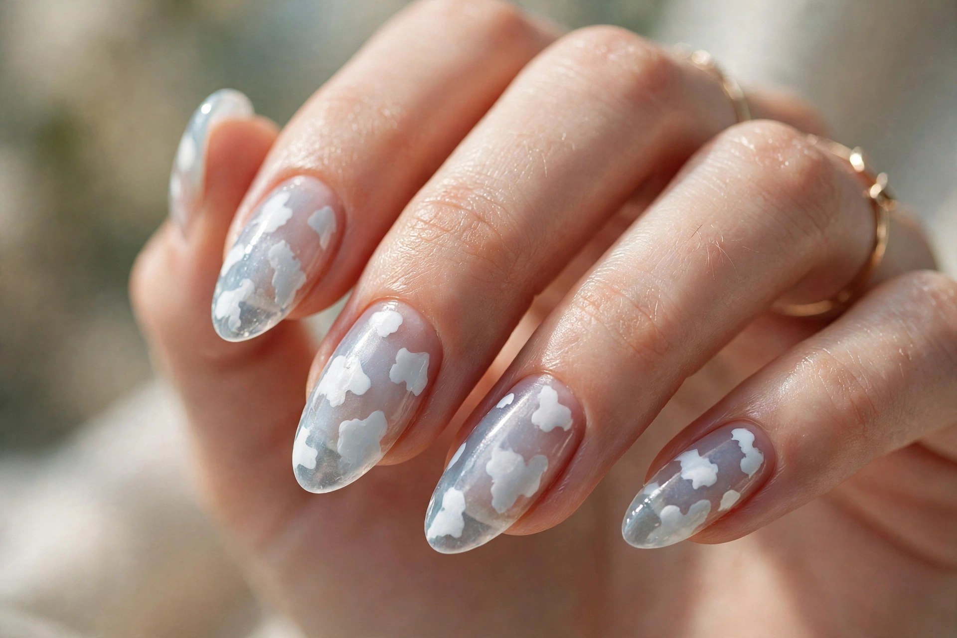 Sheer icy nails with white cow print spots