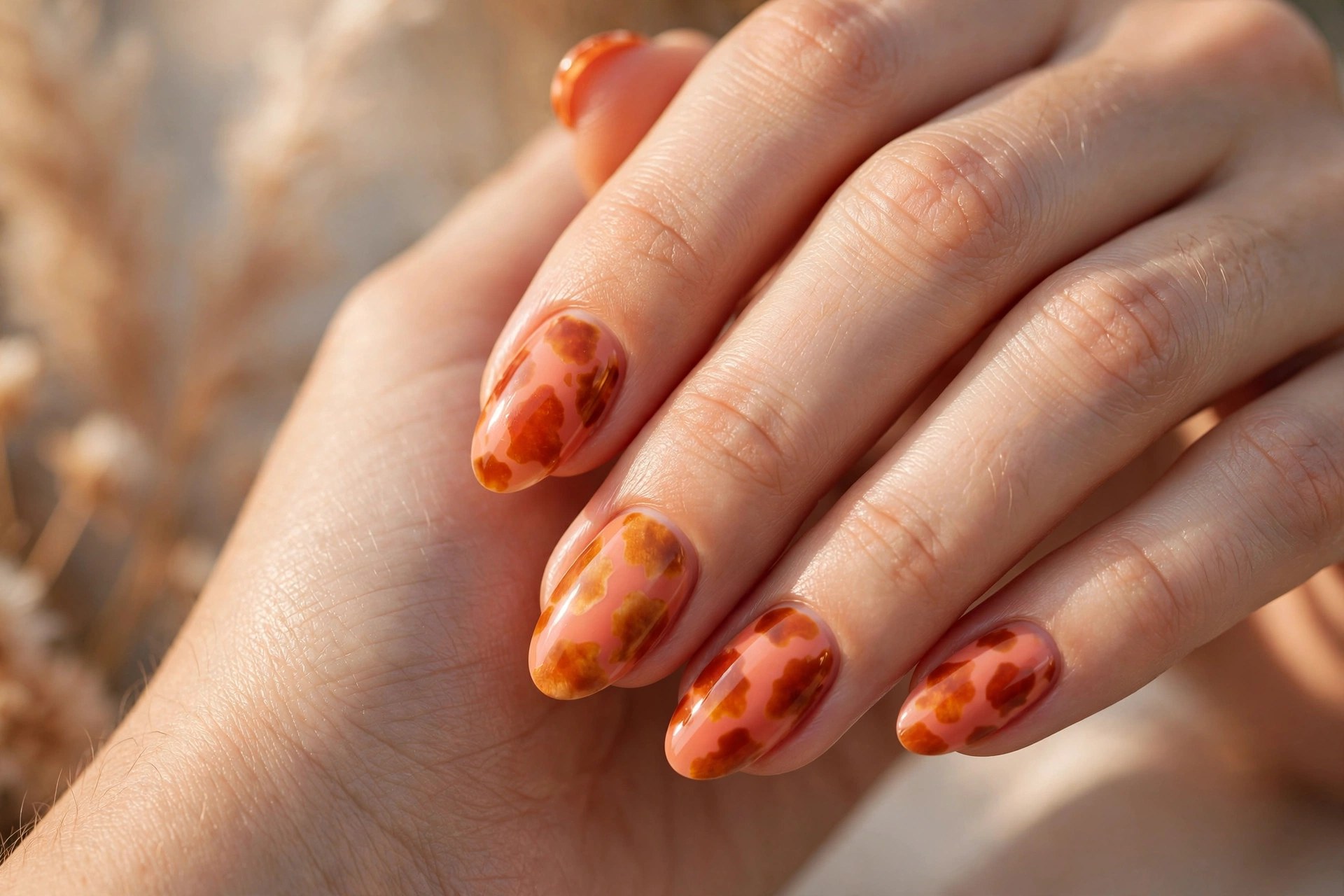 Peachy nails with sunset-toned cow print spots