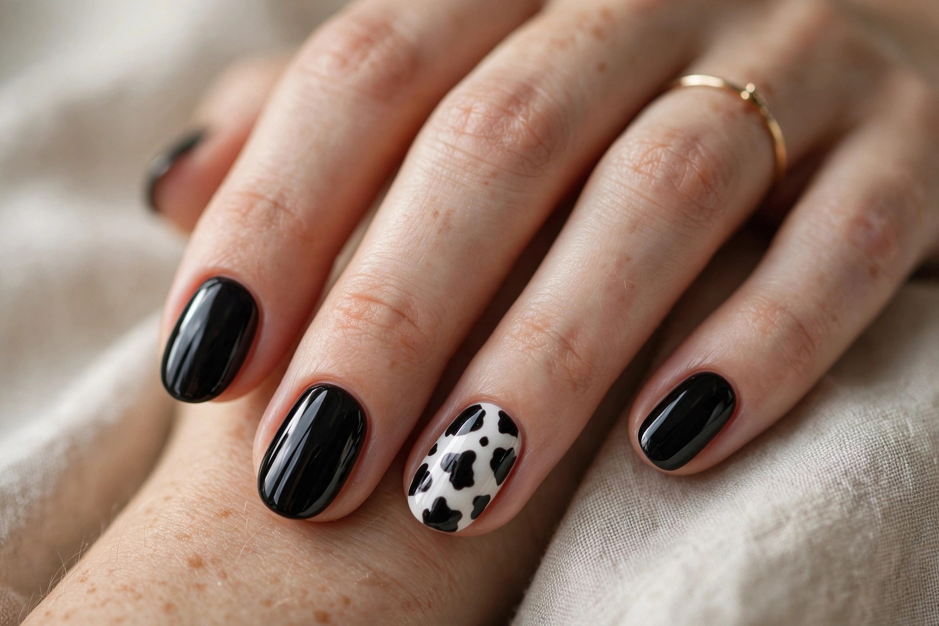 Solid black nails with a single cow print accent nail