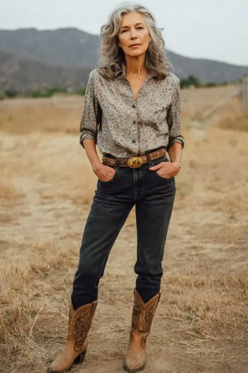 Woman over 50 in black jeans worn over tan cowboy boots with a soft printed blouse