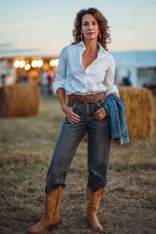Woman over 50 in high-waisted bootcut jeans and a crisp white button-up shirt with tan leather cowboy boots
