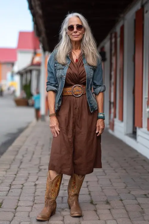 Woman over 60 with long silver hair wearing a brown midi dress and cropped denim jacket with tall cowboy boots