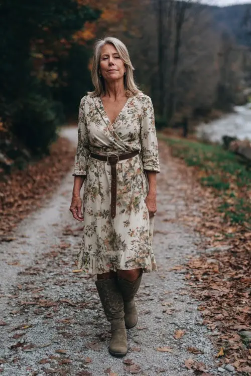 Woman over 50 in a floral midi dress with a slim belt and suede cowboy boots on an autumn path