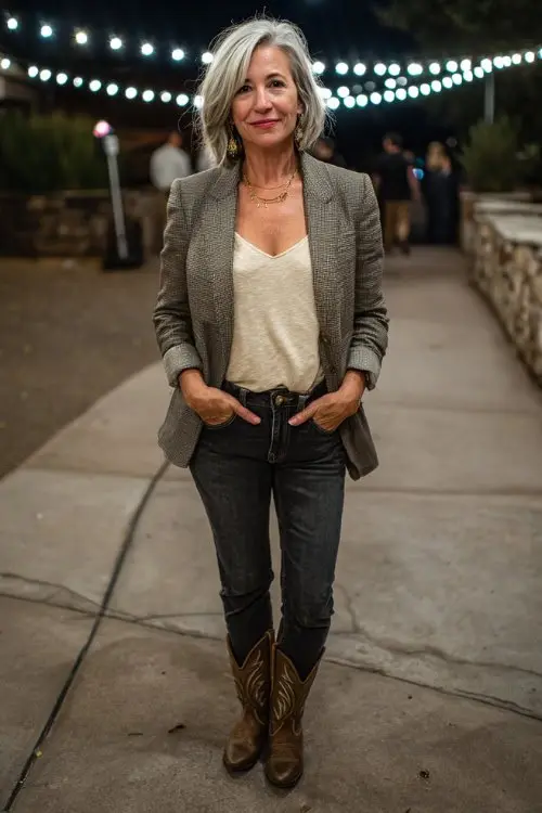 Woman over 50 wearing straight-leg dark jeans over tan cowboy boots with a tailored blazer and soft knit top