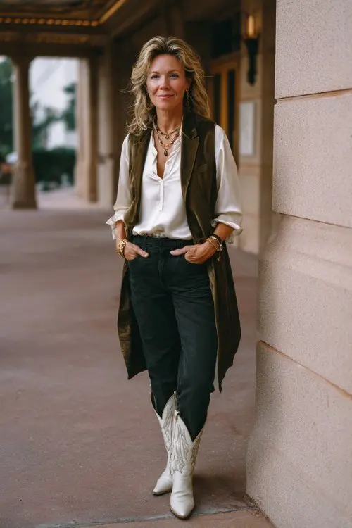 Woman over 50 wearing tailored dark jeans and a silky white blouse with white cowboy boots and a longline vest