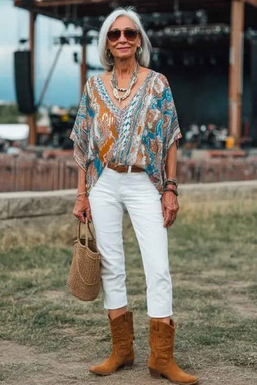 Woman over 60 in white cropped trousers and a printed tunic top with tan suede cowboy boots and a woven tote