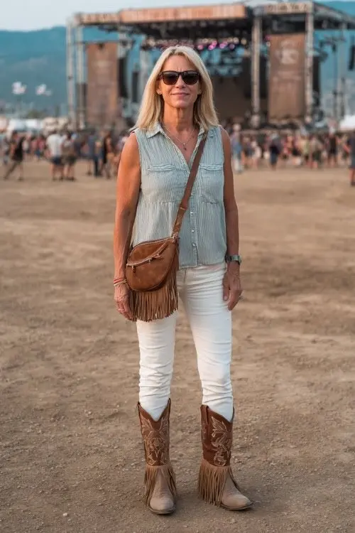 Woman over 50 wearing white jeans and a sleeveless chambray blouse with tan cowboy boots