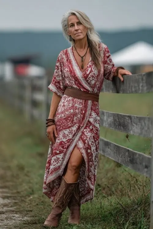 Woman over 50 in a red and white printed wrap dress with brown cowboy boots leaning on a fence