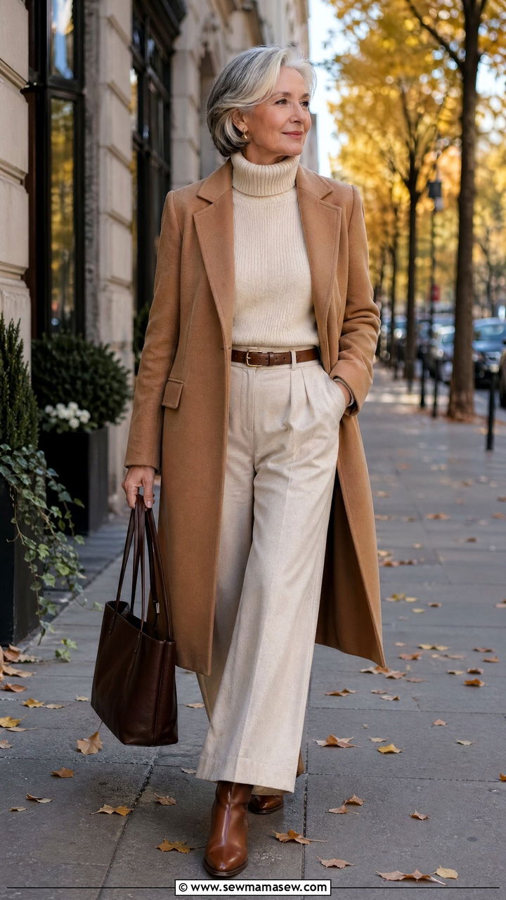 Woman over 60 wearing head-to-toe cream outfit with camel wool coat