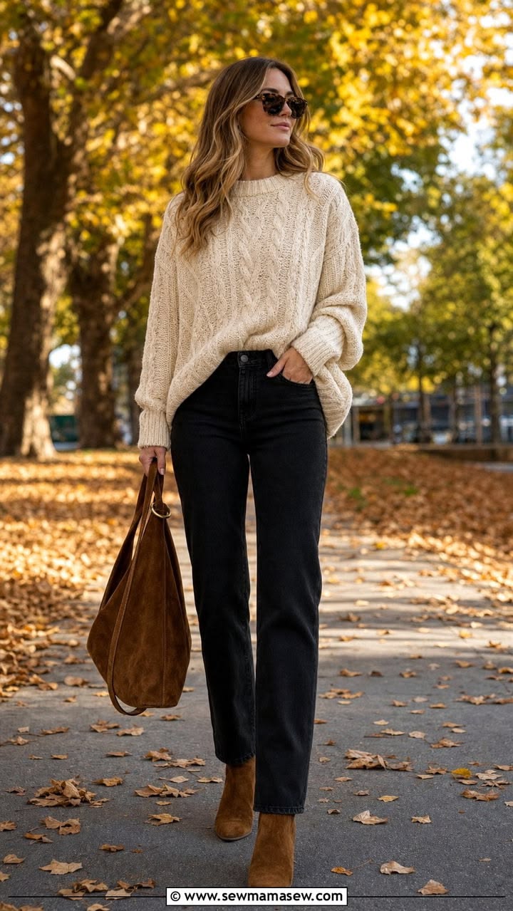 Cream sherpa vest over a chocolate knit sweater with dark jeans and suede boots