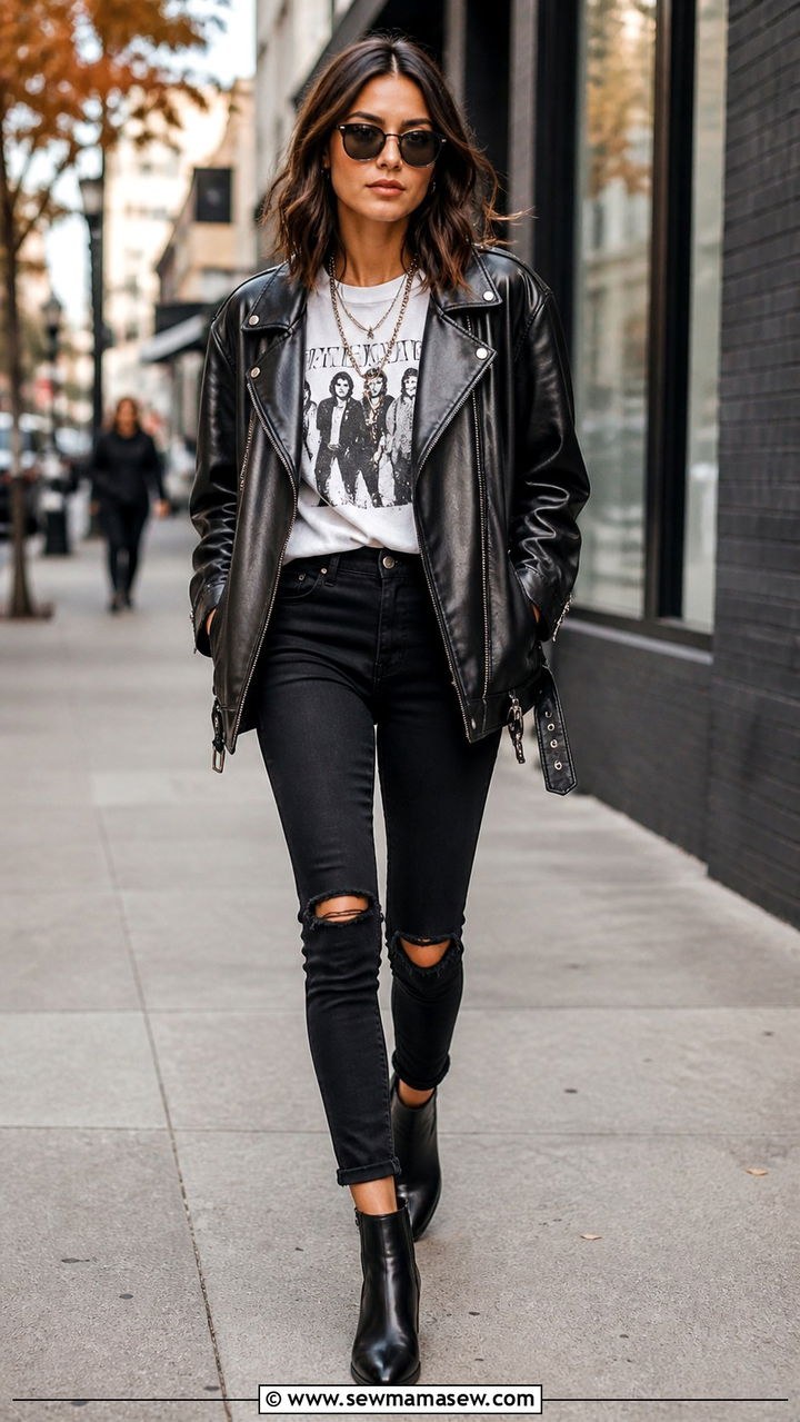 Woman wearing a black leather moto jacket with a vintage band tee and black jeans