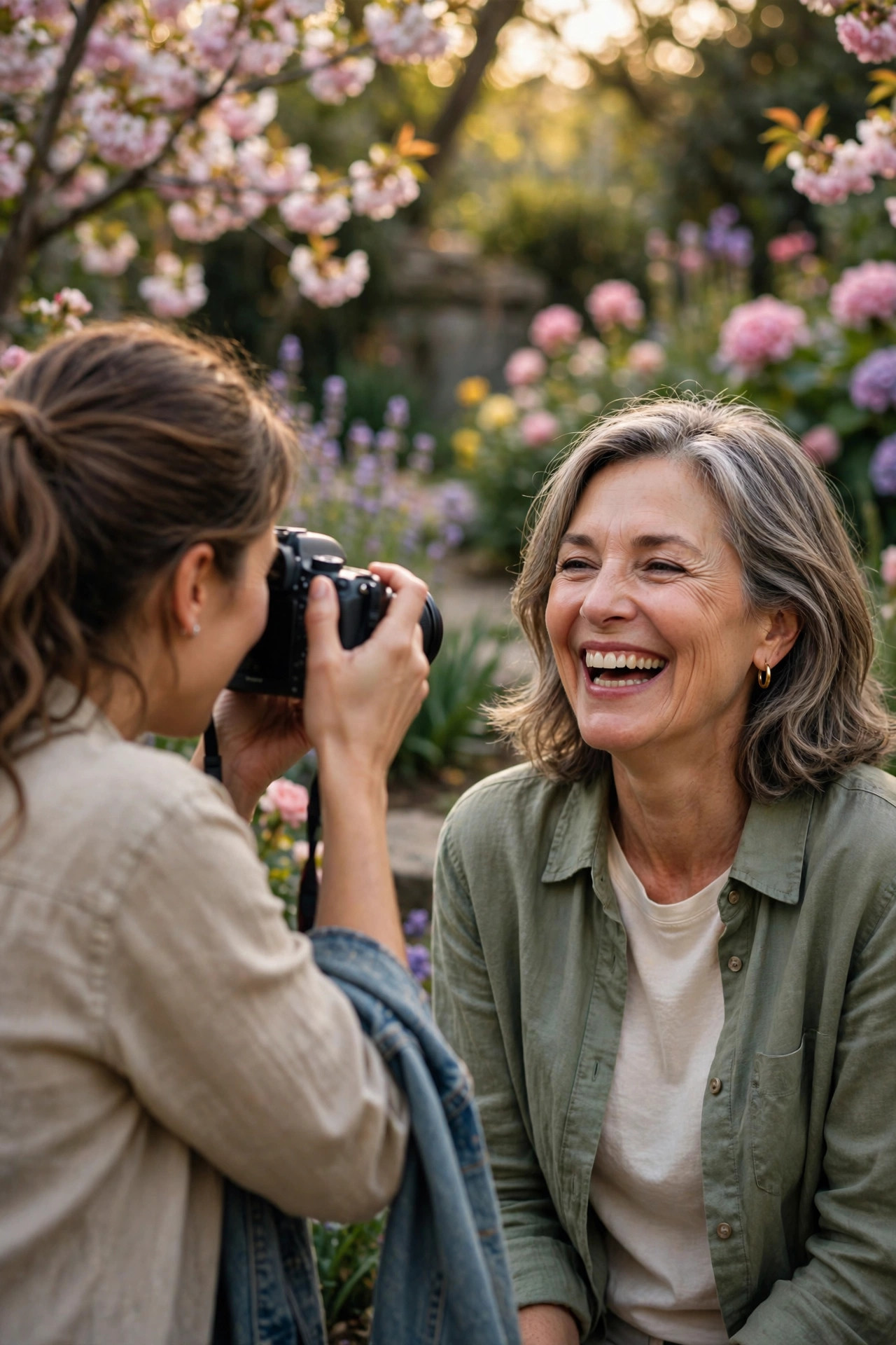 Smiling woman in her 60s having natural outdoor photos taken by a friend