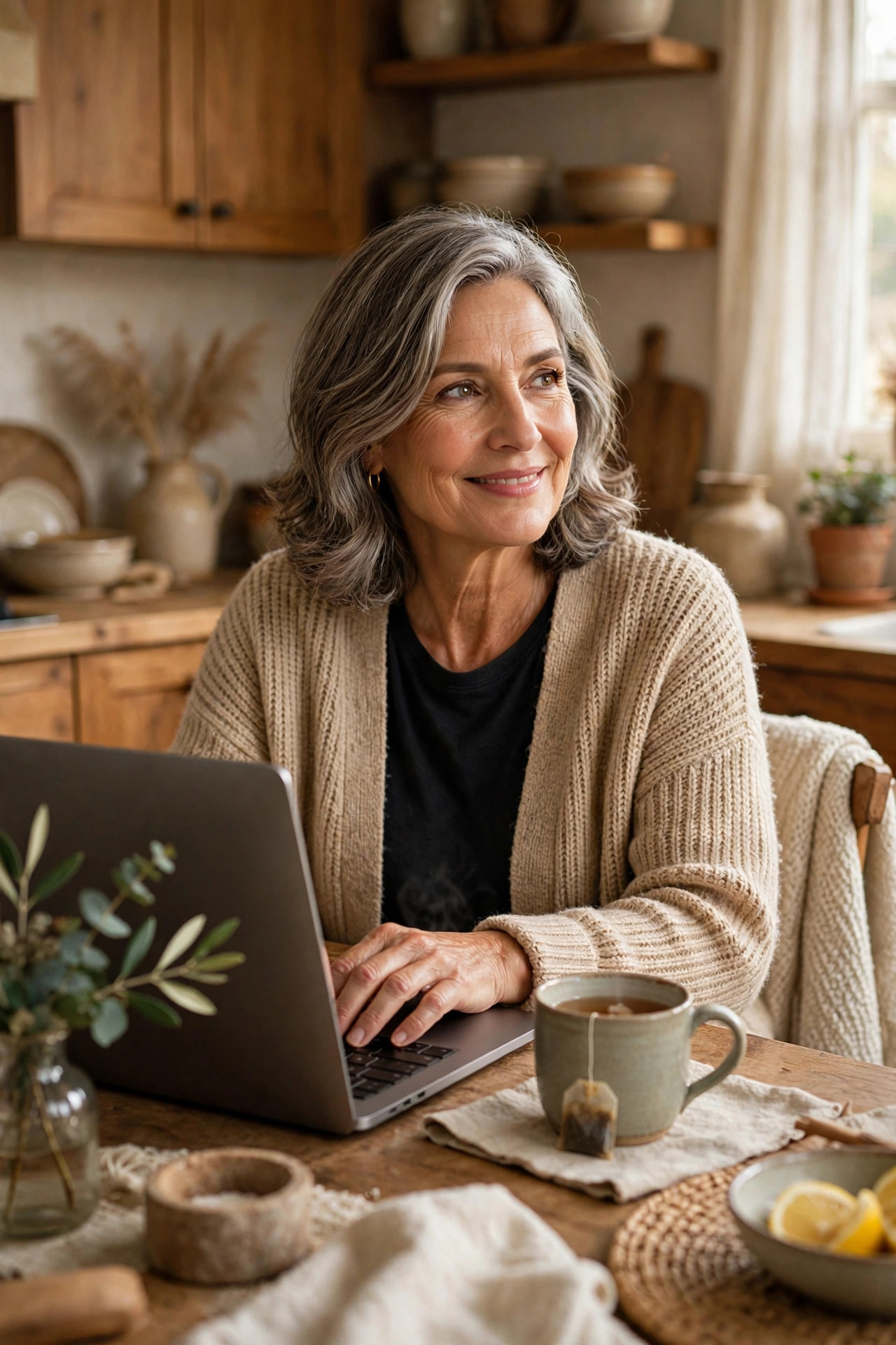 Woman in her 60s writing her dating profile on a laptop with a cup of tea