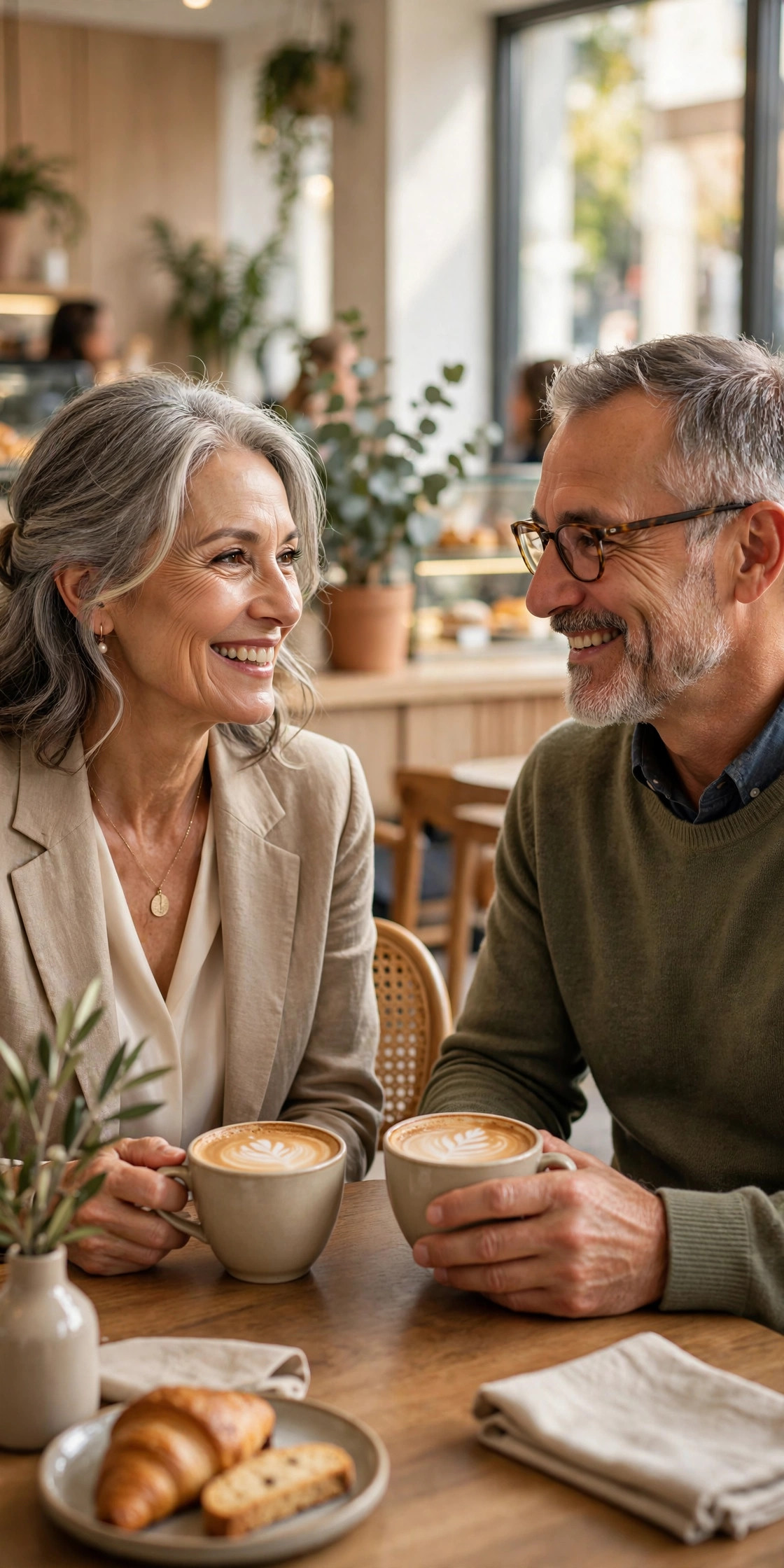 Woman in her 60s meeting a date for coffee at a bright public cafe