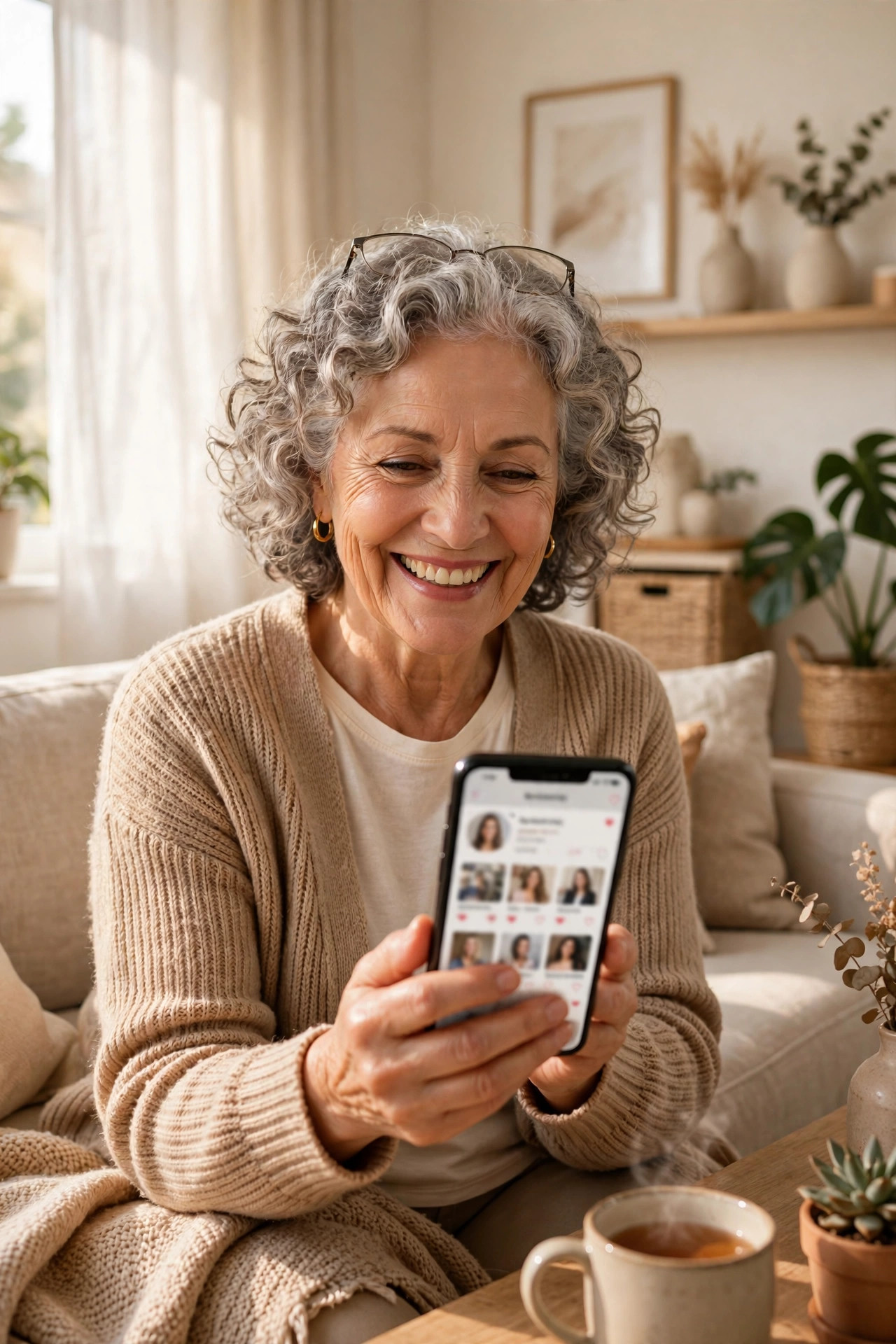 Woman in her 60s learning to use a dating app on her phone, smiling confidently