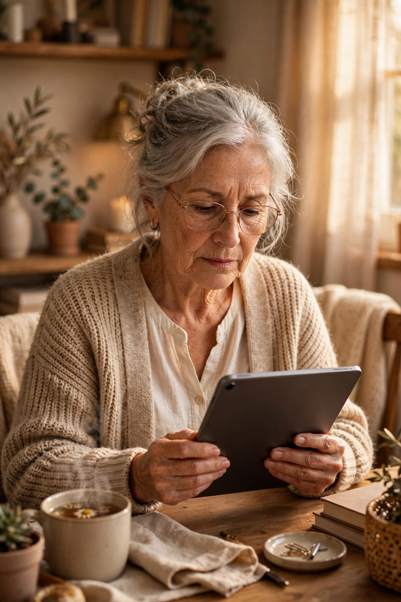Woman in her 60s reading about online safety tips at home