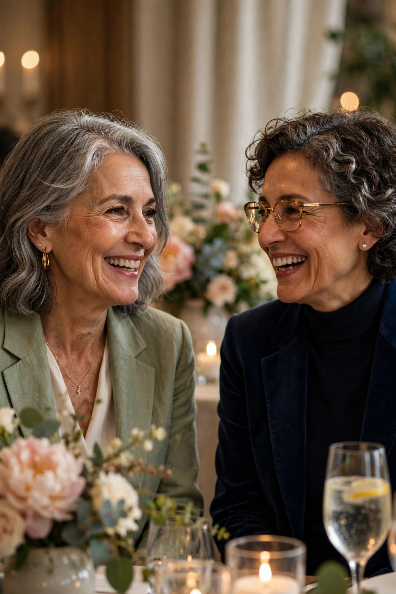 Woman in her 60s chatting warmly with a new acquaintance at a social event