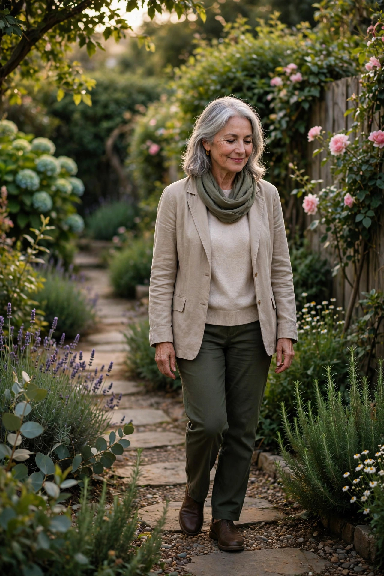 Woman in her 60s taking things slow, enjoying a peaceful walk alone