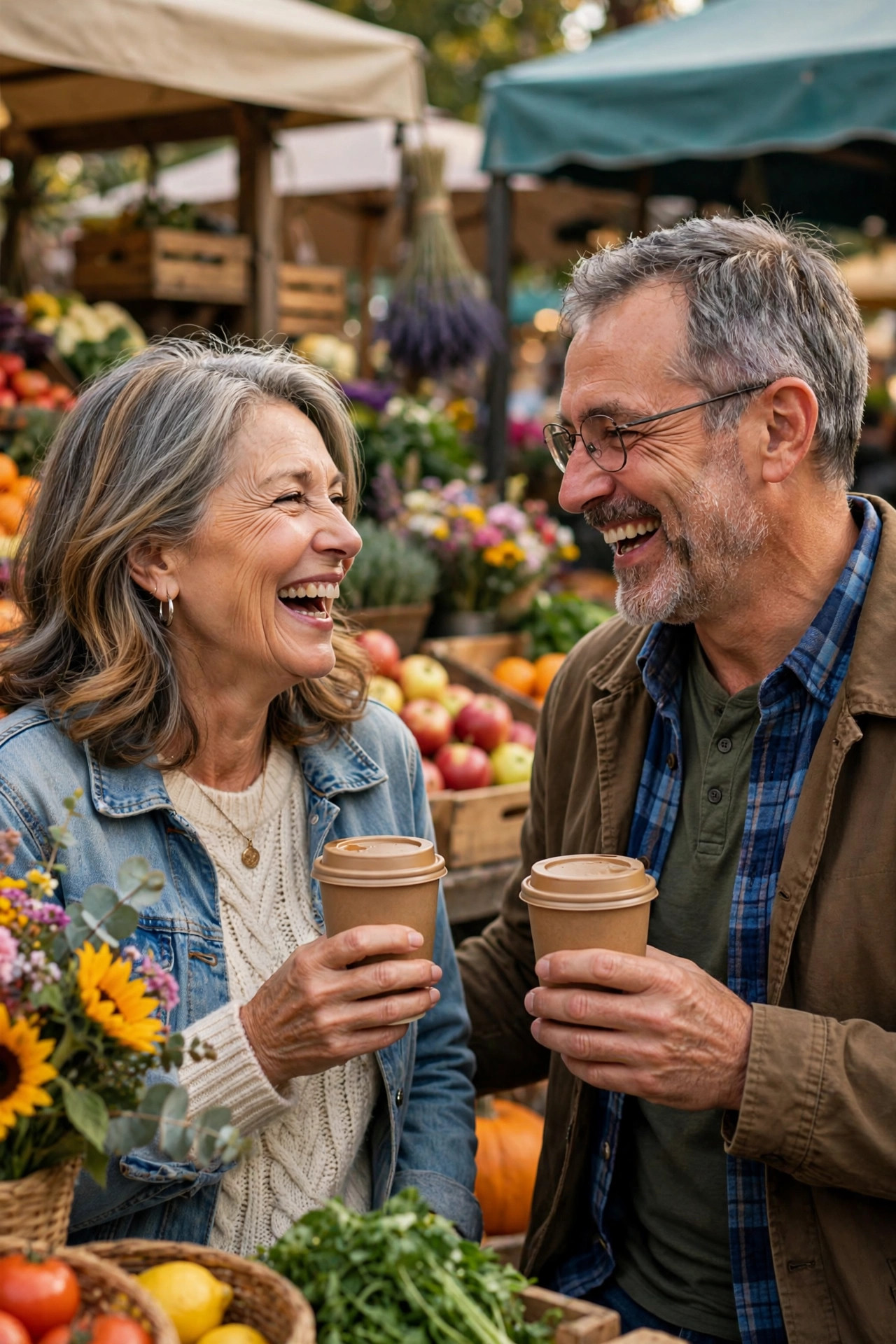 Woman in her 60s laughing joyfully on a fun date at a farmers market