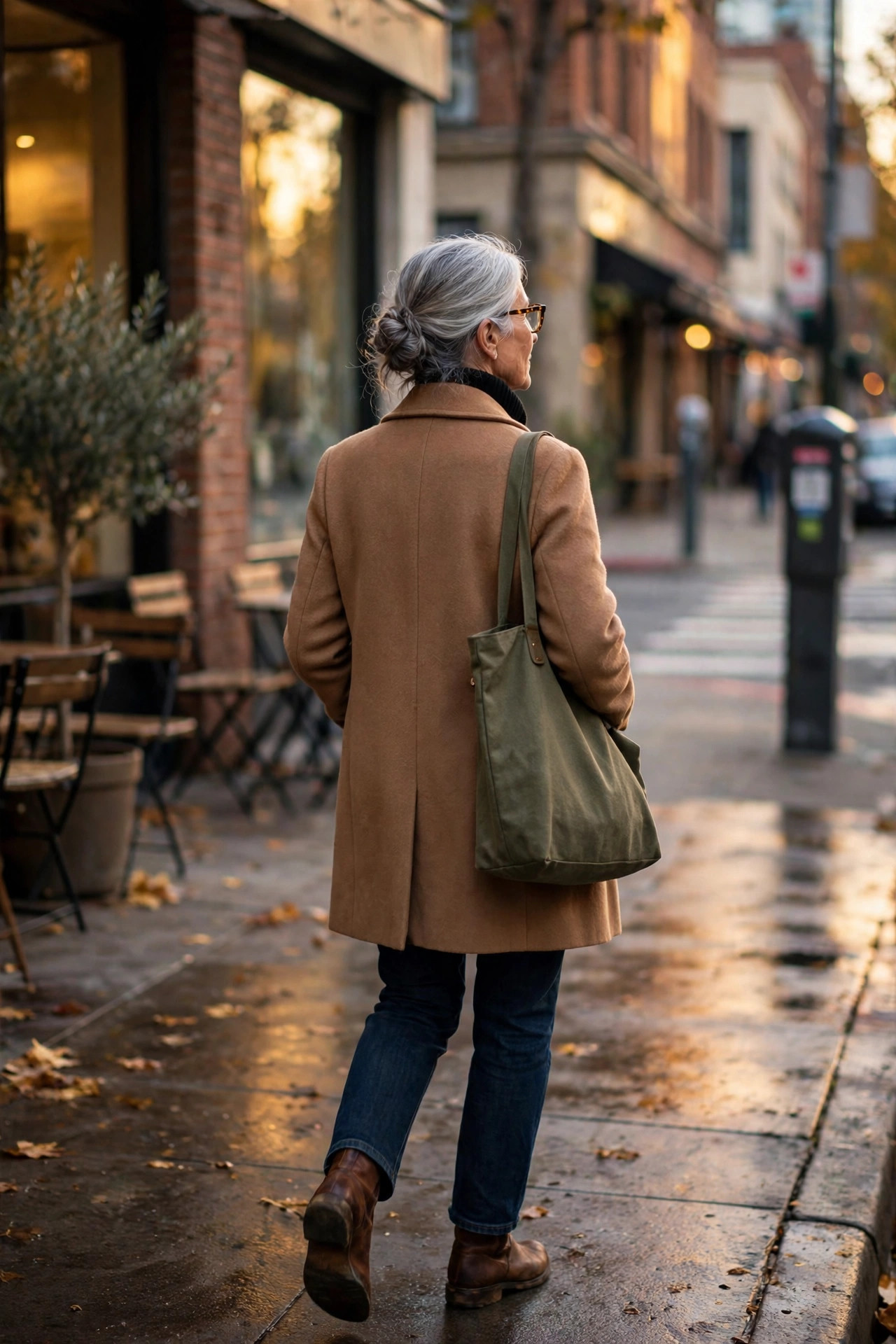 Woman in her 60s trusting her instincts, walking away confidently from a bad situation