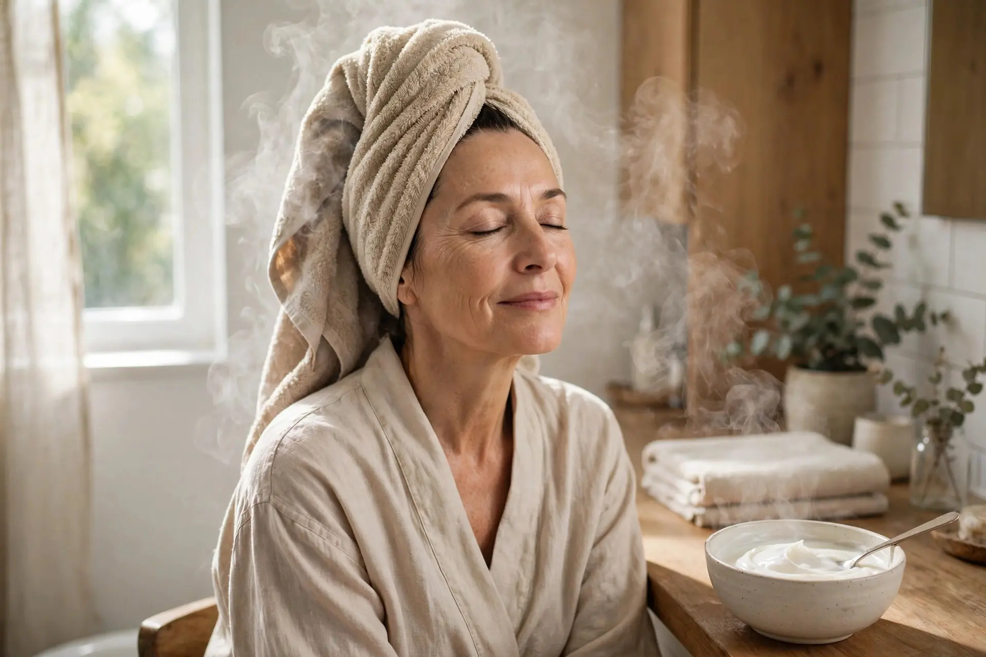 Woman in her late fifties deep conditioning her hair under a warm steaming towel wrap, with a bowl of creamy conditioner beside her