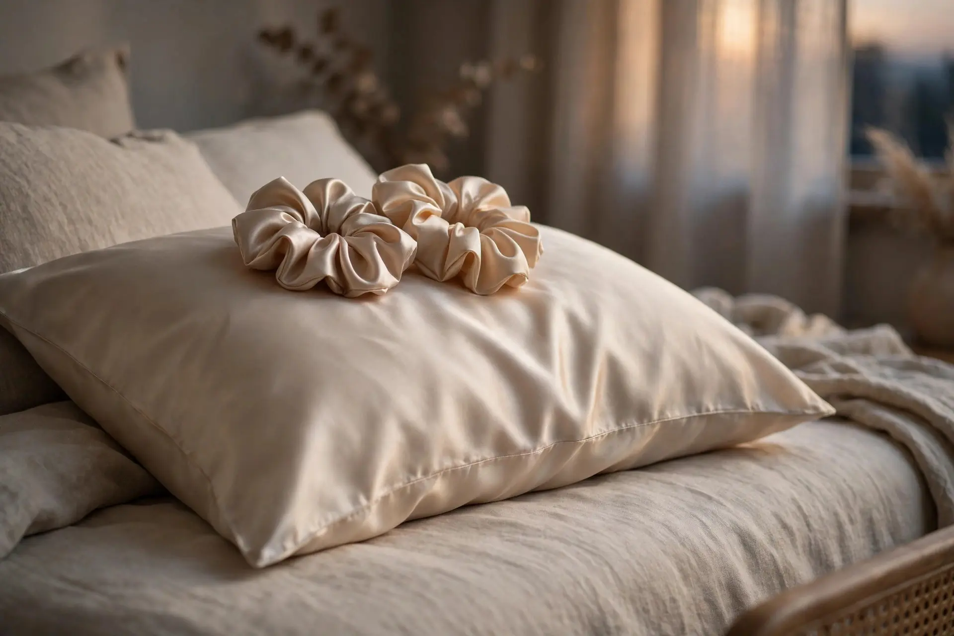 Smooth champagne satin pillowcase on a bed with two silky satin scrunchies resting on it in soft evening light