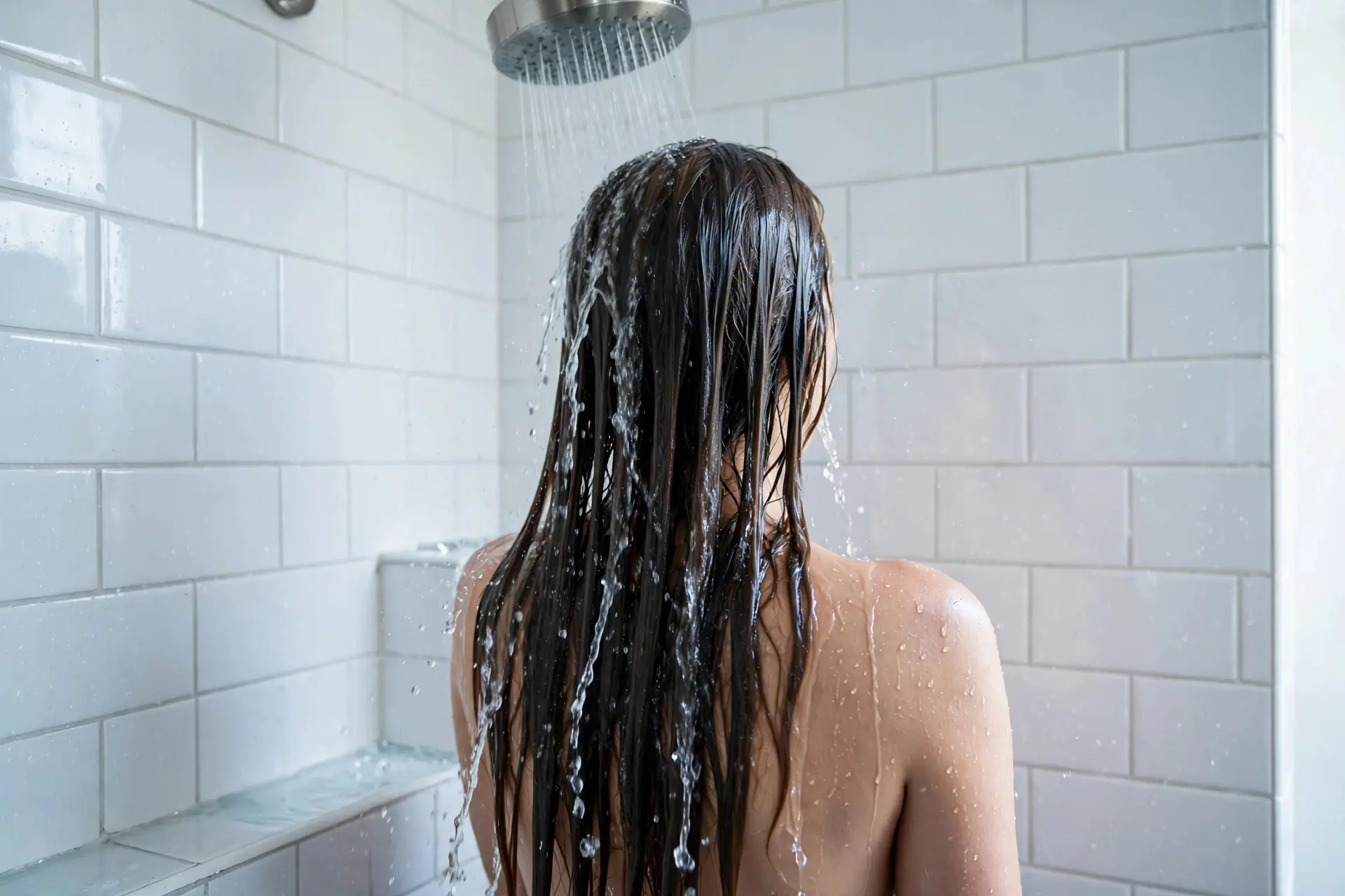 Woman seen from behind rinsing the lengths of her long wet hair under a shower head in a bright tiled shower