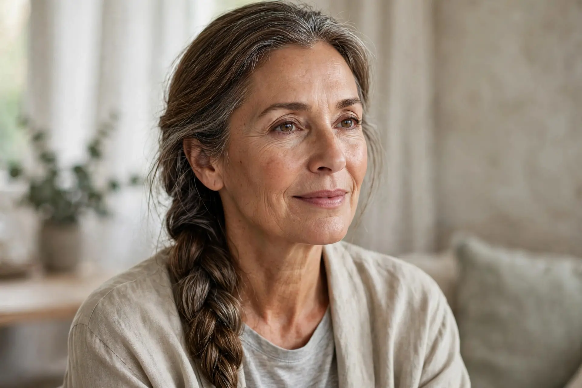 Woman in her late fifties with silver-streaked hair in a loose protective side braid, looking fresh and relaxed at home