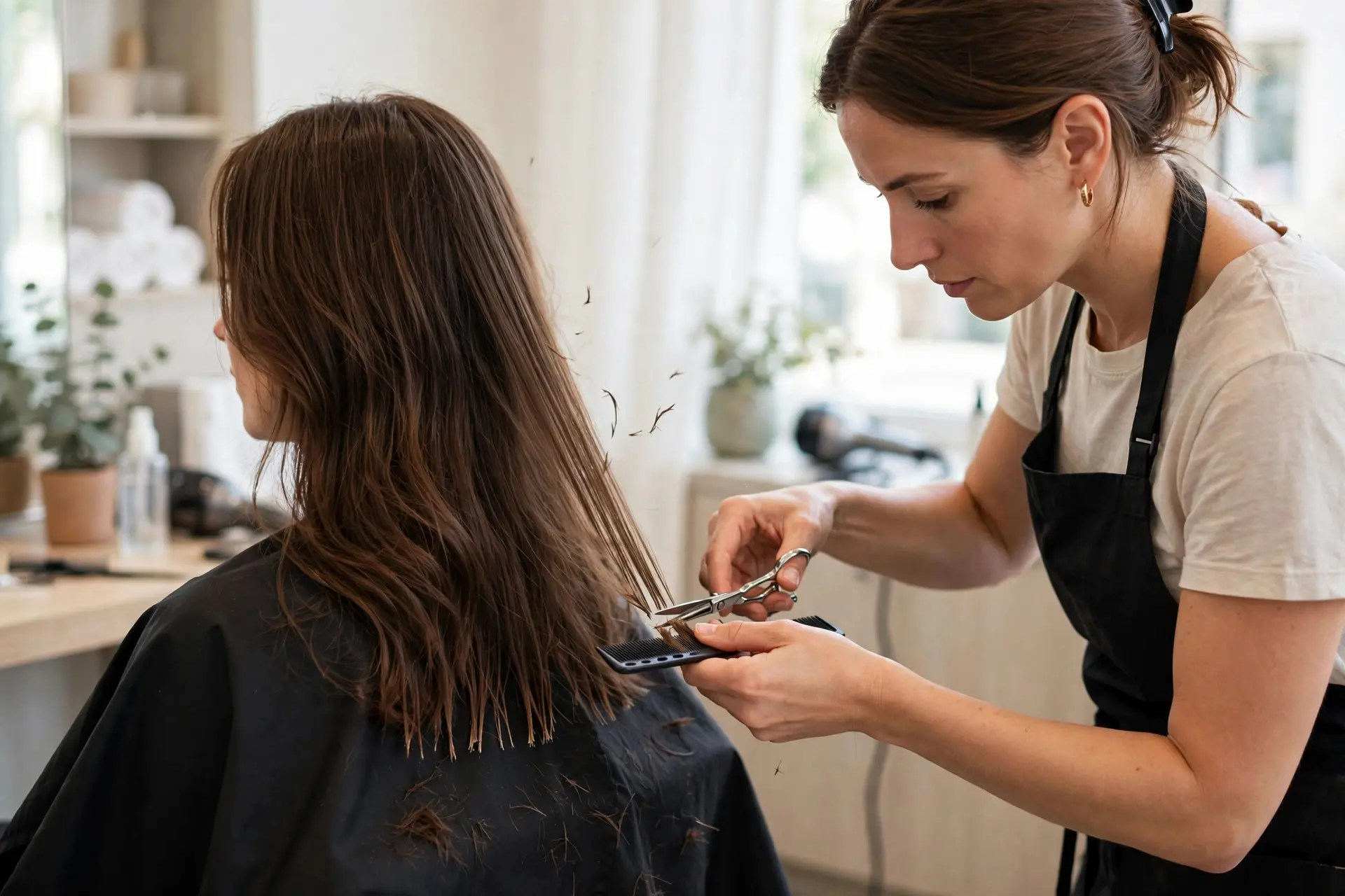 Stylist trimming just the dry ends of long brown hair with scissors and a comb in a bright salon