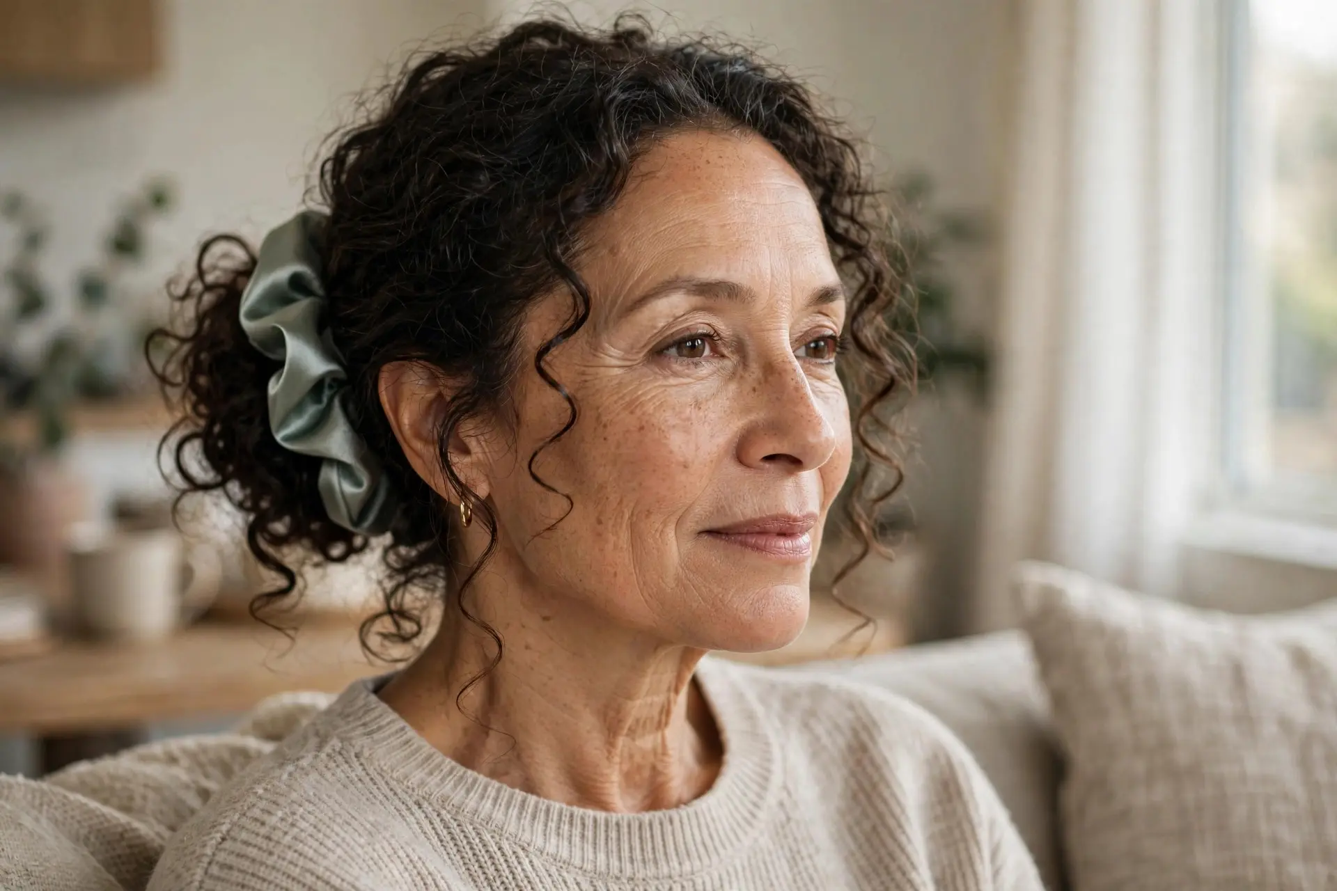Woman in her fifties with curly hair in a soft loose low bun held by a sage satin scrunchie, relaxed at home