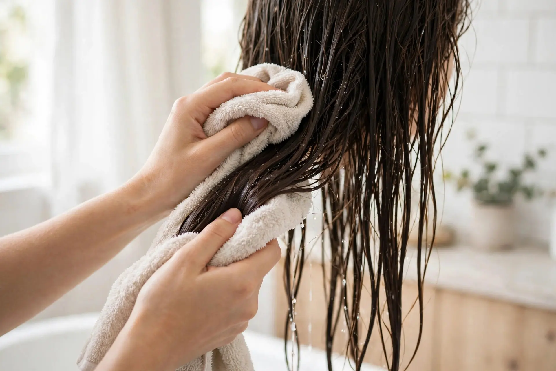 Hands gently patting and squeezing wet long hair dry with a soft pale microfibre towel in a bright bathroom