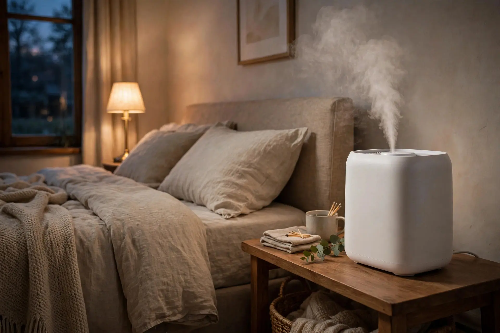 Unlabelled white humidifier releasing a soft plume of cool mist on a bedside table in a cosy evening bedroom