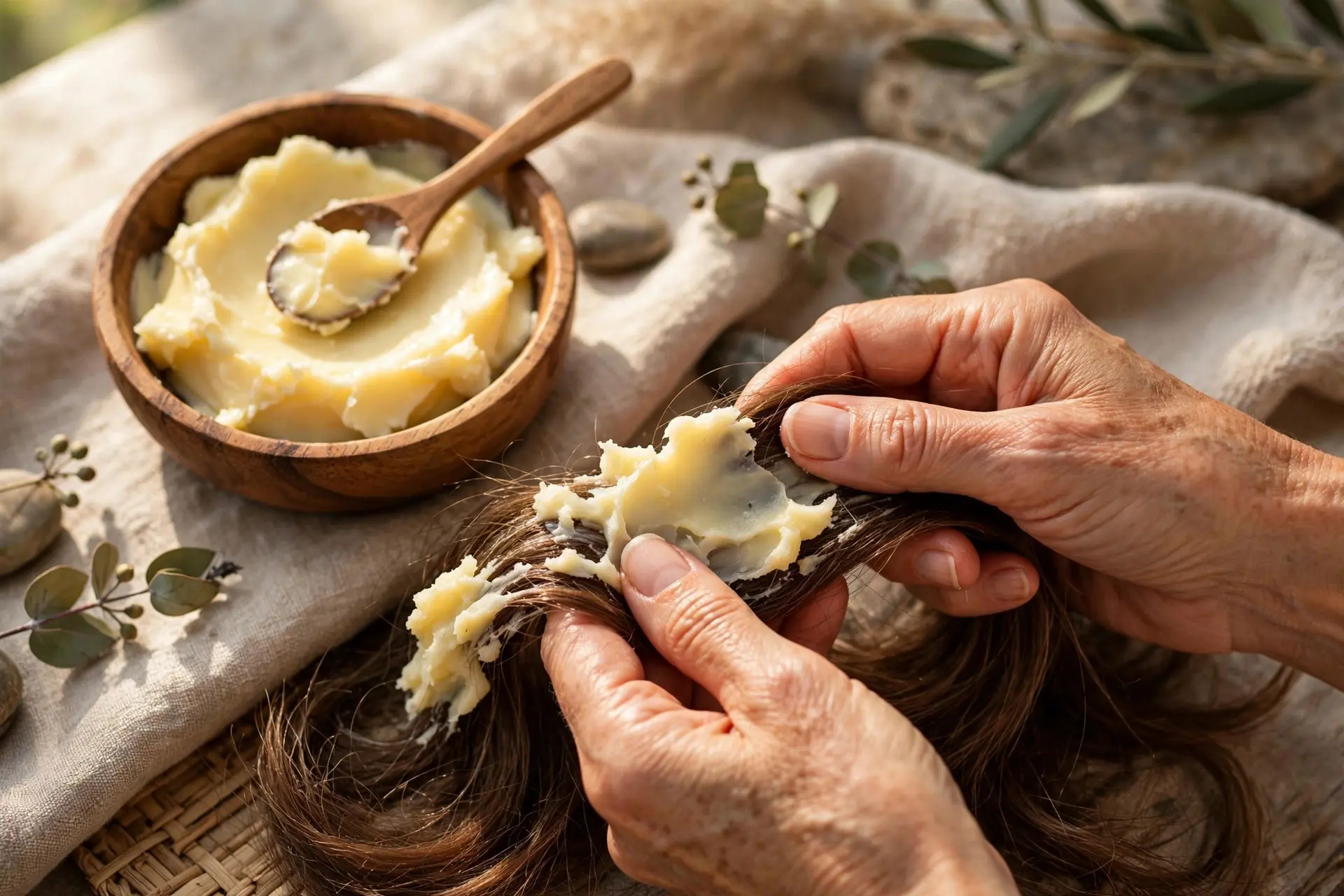 Wooden bowl of creamy raw shea butter beside hands working the mask through the ends of long brown hair