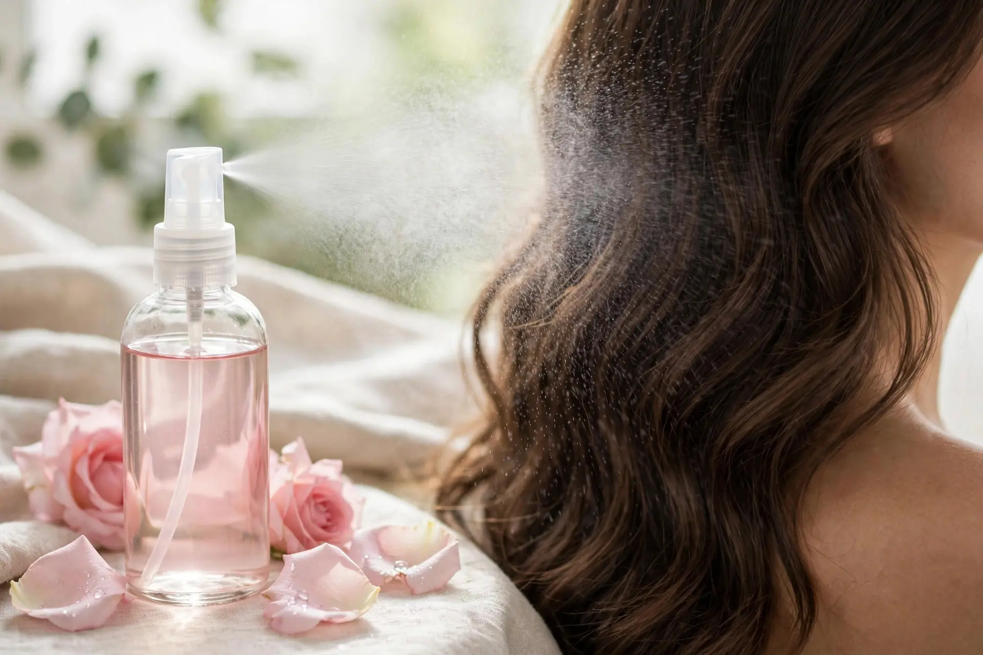 Unlabelled spray bottle of pale pink rose water leave-in misting onto long wavy hair, with fresh rose petals beside it