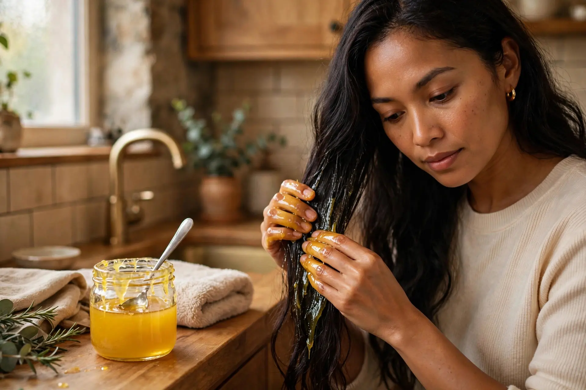 Glass jar of golden melted ghee beside a woman working the treatment through the lengths of her long dark hair