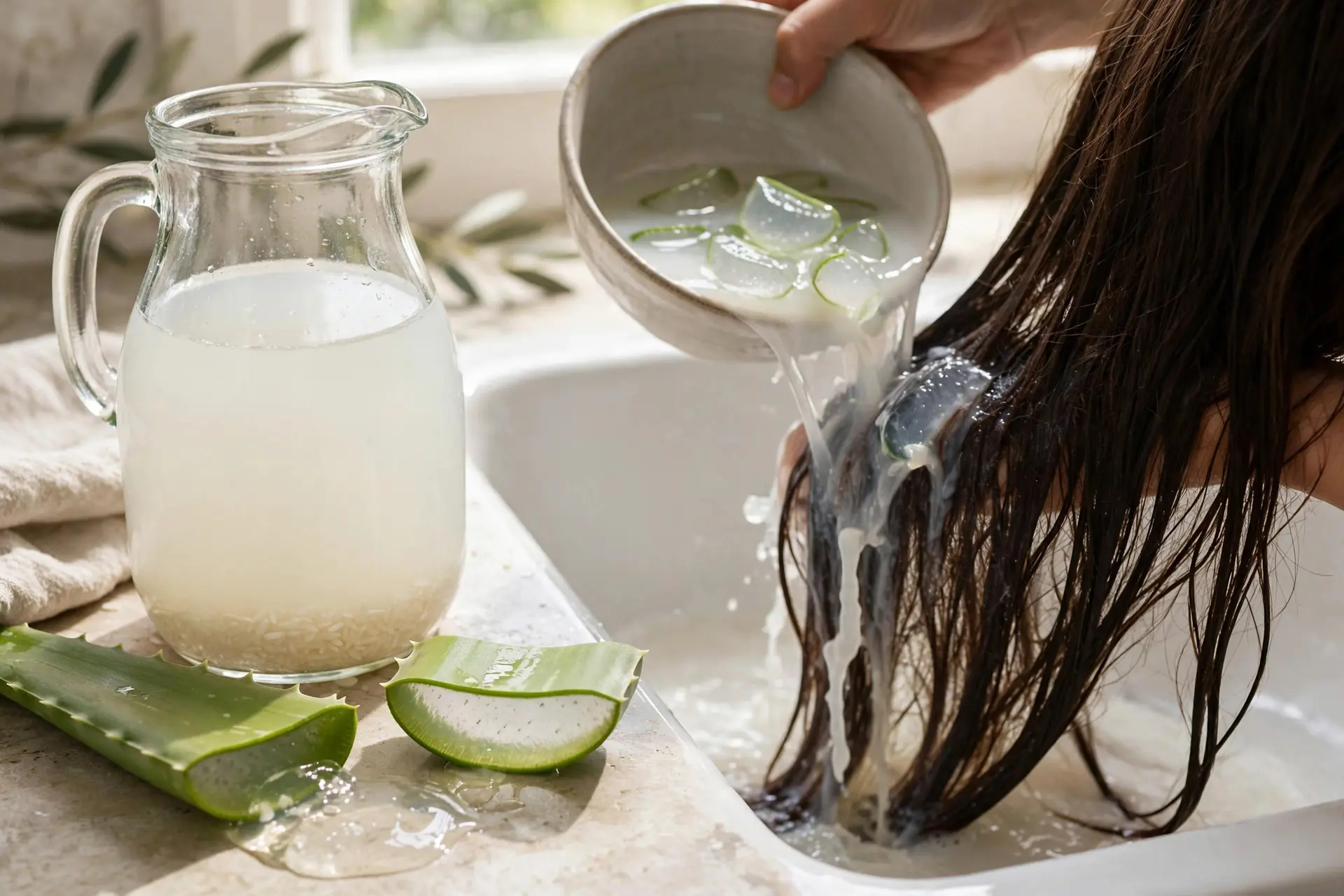 Jug of milky rice water and freshly cut aloe vera leaves beside a bowl of the combined rinse being poured over long hair at a sink