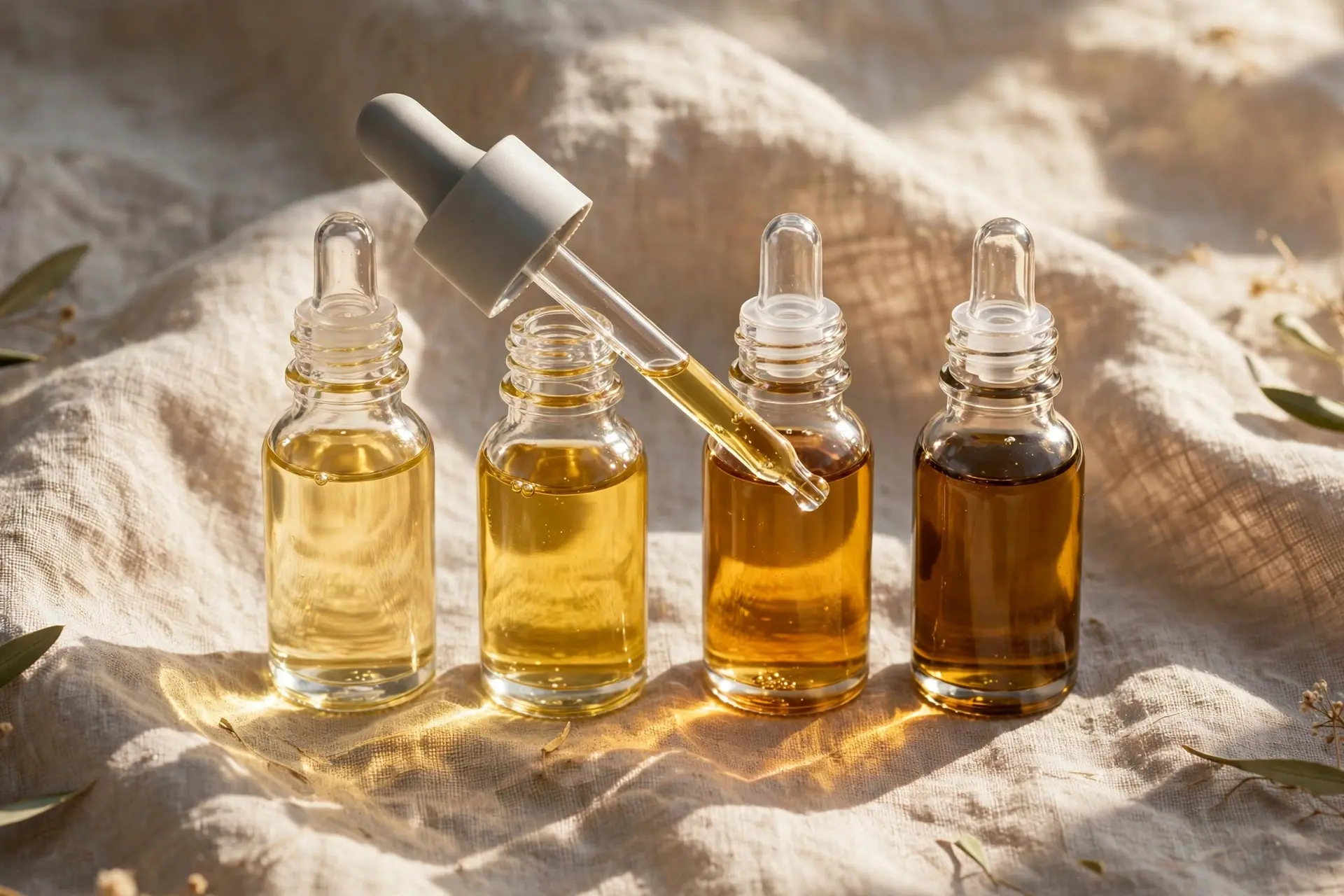Four small unlabelled glass dropper bottles of golden hair oils in different tones on linen, with a dropper resting across them