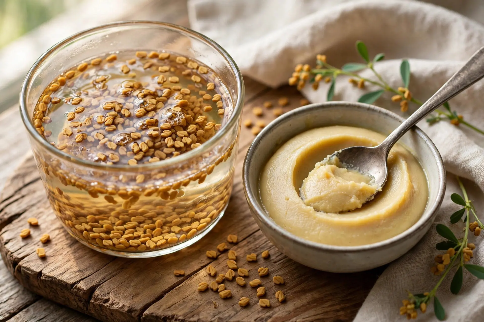 Glass of amber fenugreek seeds soaking in water beside a bowl of smooth pale fenugreek paste with a spoon