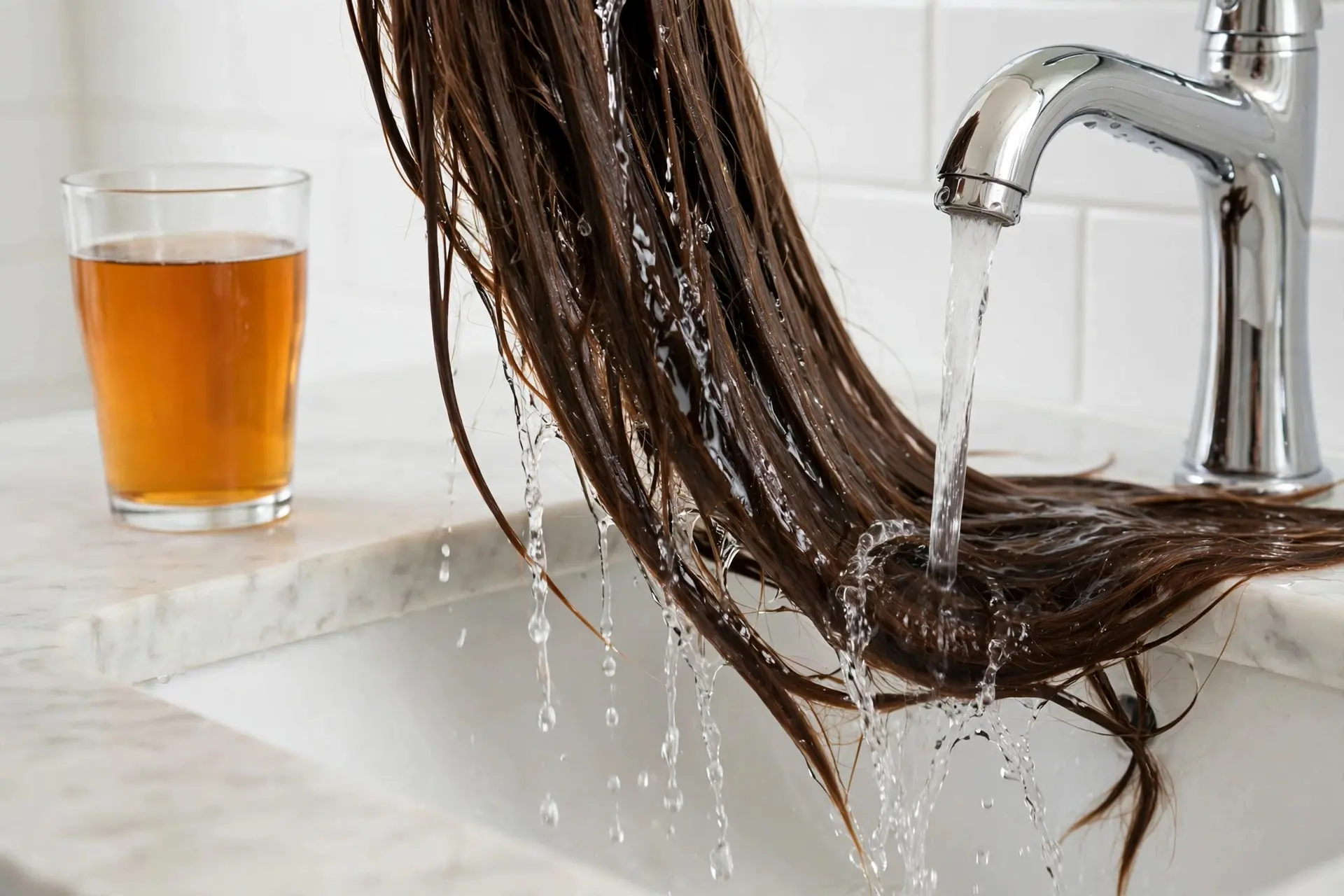 Glass of flat amber beer beside a sink where long brown hair is being rinsed under a running tap