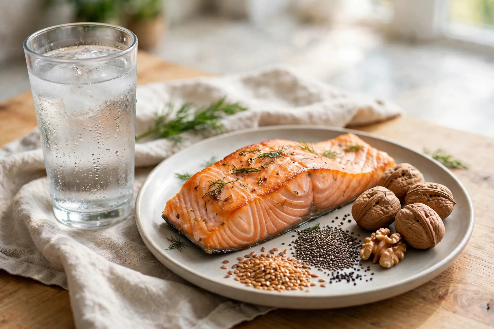 Tall glass of water beside a plate with a salmon fillet, walnuts, chia seeds and flaxseeds on a bright kitchen table